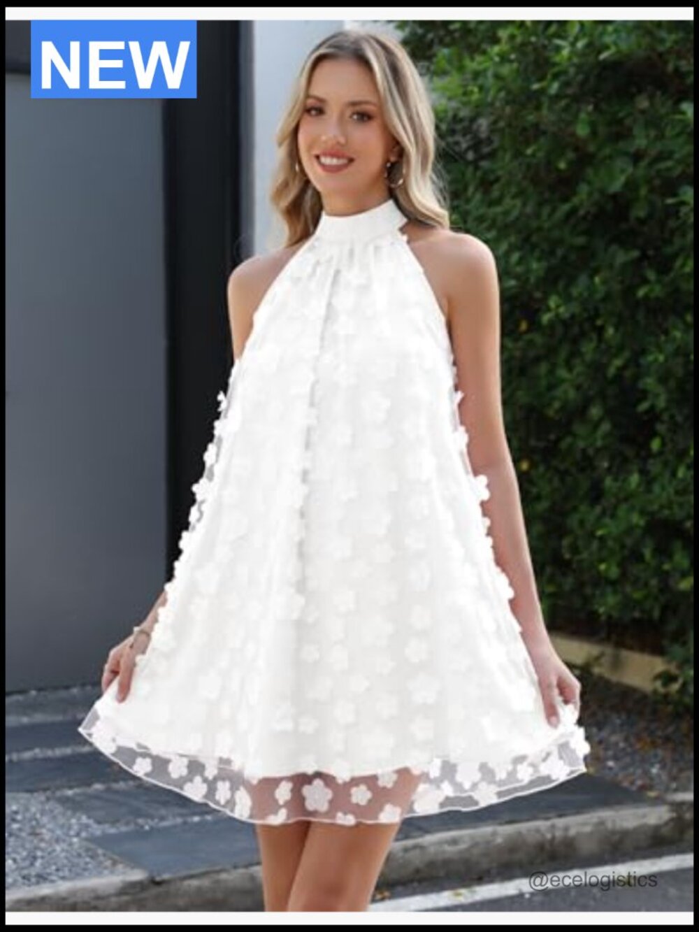 Halter Tulle Floral Mini Dress - A-Line Sleeveless - Picture 2 of 7